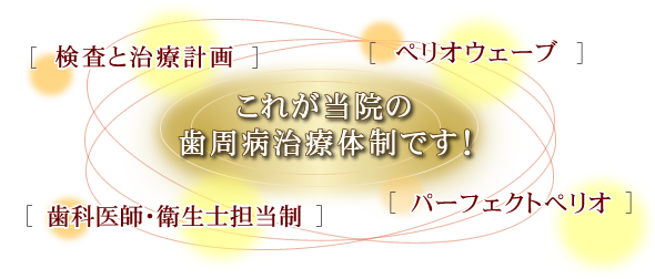 これが当院の歯周病治療体制です！（検査と治療計画／ぺリオウェーブ／歯科医師・衛生士担当制／パーフェクトぺリオ）