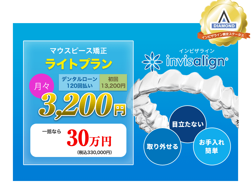 マウスピース矯正 ライトプラン・月々3,200円（デンタルローン120回払い・初回13,200円）一括なら30万円（税込み330,000円）｜インビザライン→目立たない・取り外せる・お手入れ簡単